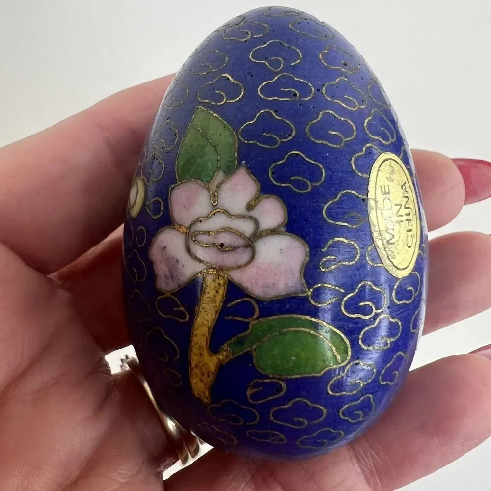 Vintage Cloisonné Enamel Egg Blue with Pink Flowers‎